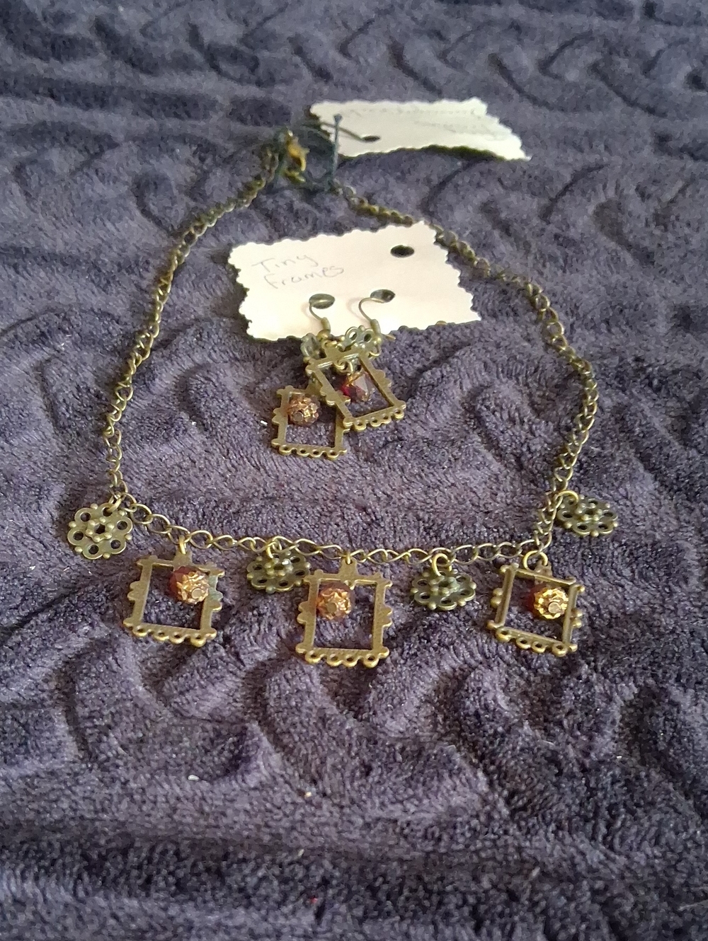 Vintage-Style Gold-Tone Square Charm Necklace and Earring Set - Floral Accents